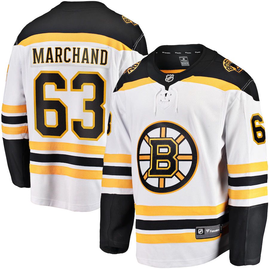 Men Boston Bruins #63 Brad Marchand Fanatics Branded White Away Premier Breakaway Player NHL Jersey